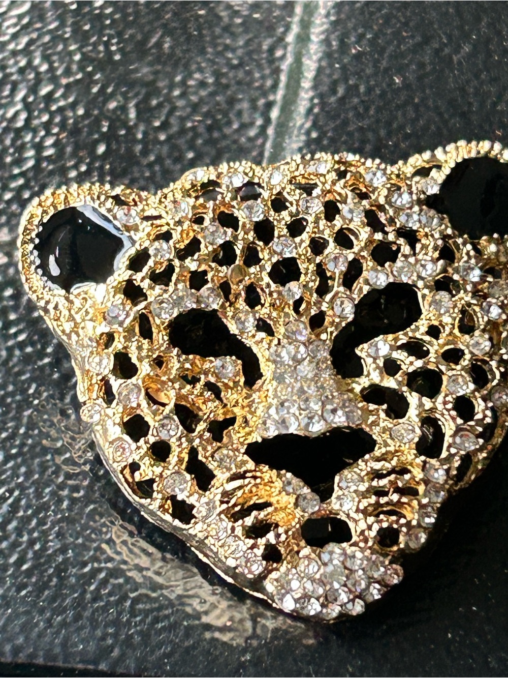 Gold and Black Leopard Head Brooch panther pin rhinestones accessory